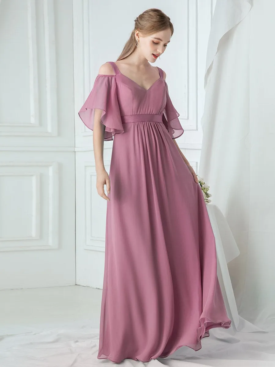 Cold Shoulder Chiffon Wholesale Bridesmaid Dress with Ruffle Sleeves