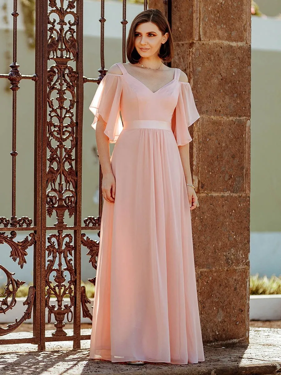 Cold Shoulder Chiffon Wholesale Bridesmaid Dress with Ruffle Sleeves