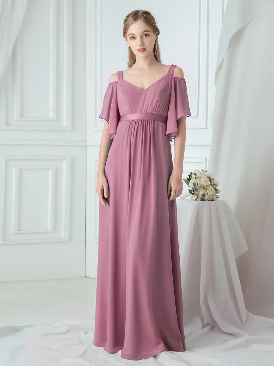 Cold Shoulder Chiffon Wholesale Bridesmaid Dress with Ruffle Sleeves