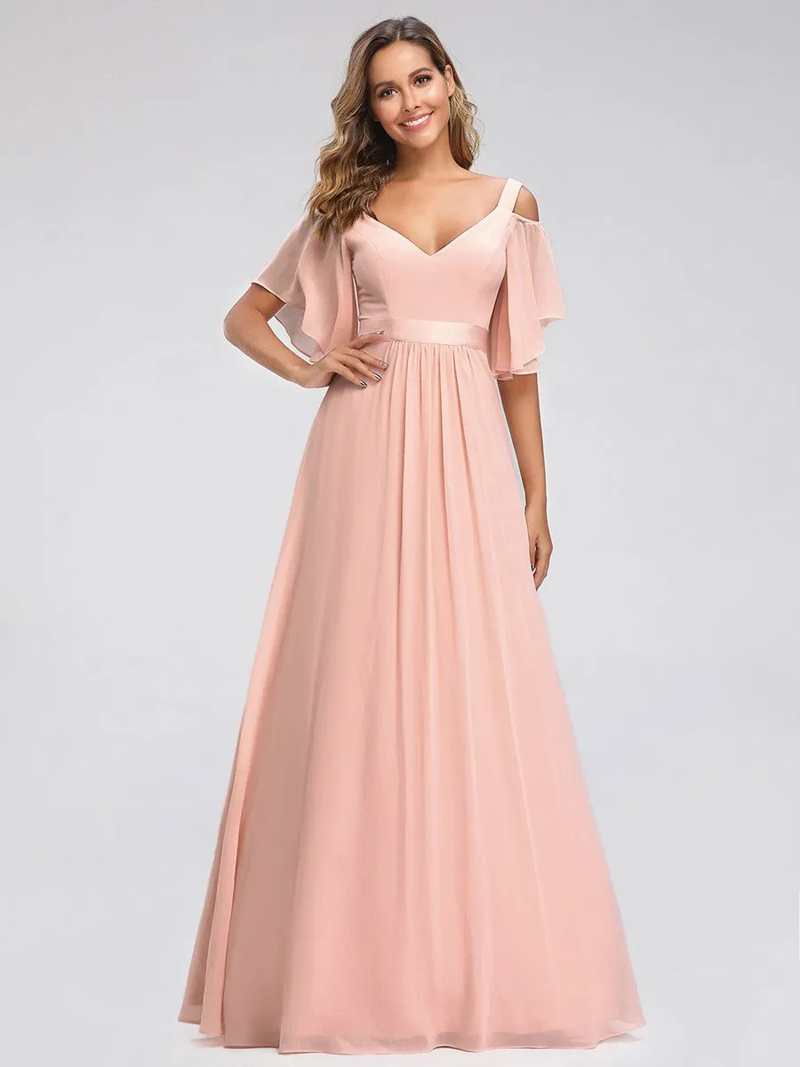 Cold Shoulder Chiffon Wholesale Bridesmaid Dress with Ruffle Sleeves