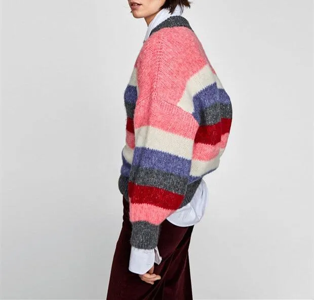 Colorful Striped Cute Oversize Woman Sweater