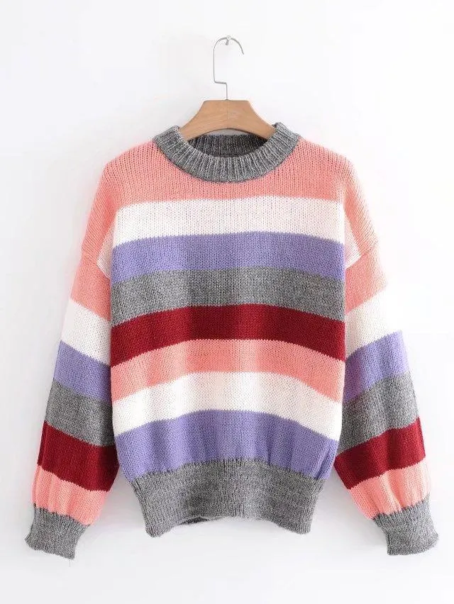 Colorful Striped Cute Oversize Woman Sweater