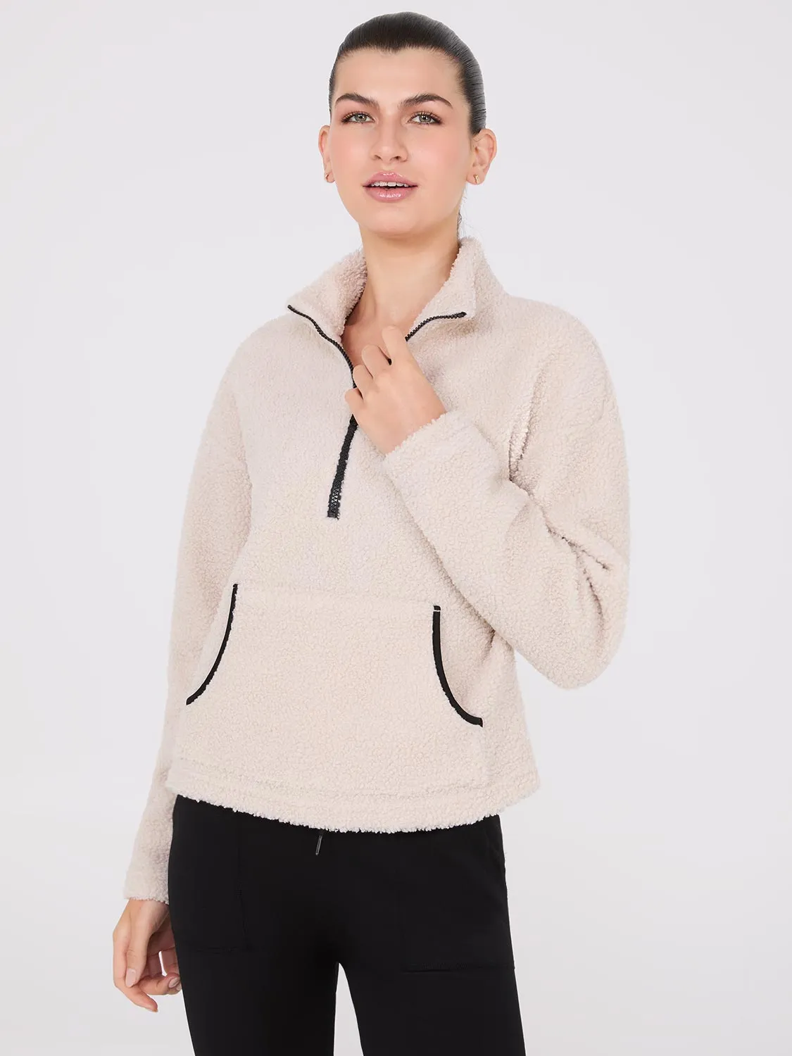 Contrast Piping Half-Zip Sherpa Sweater