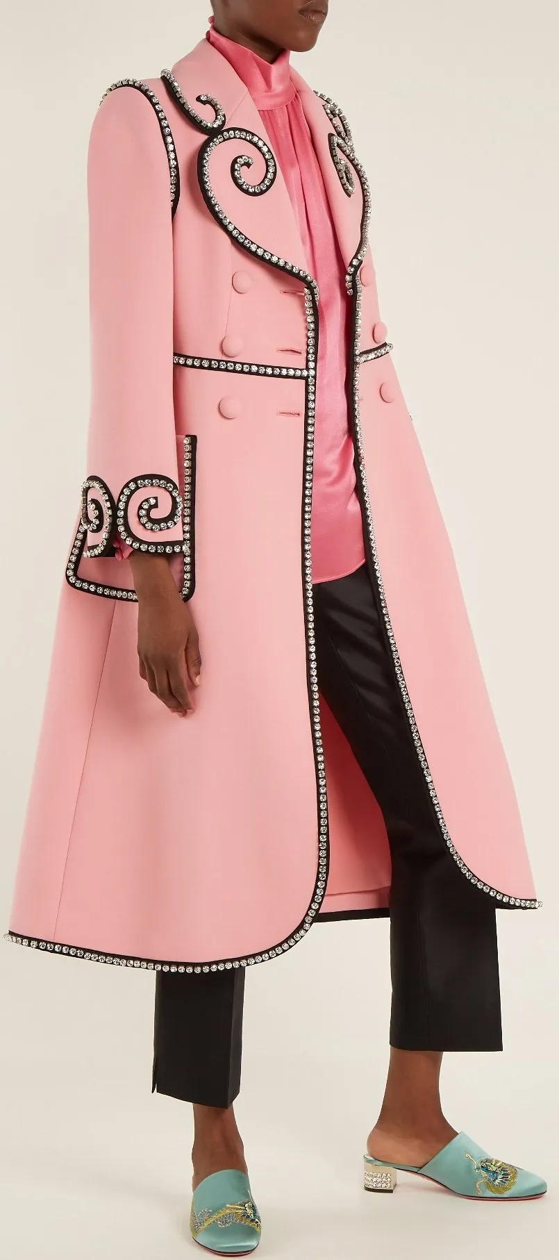 Crystal-Embellished Double-Breasted Coat, Pink