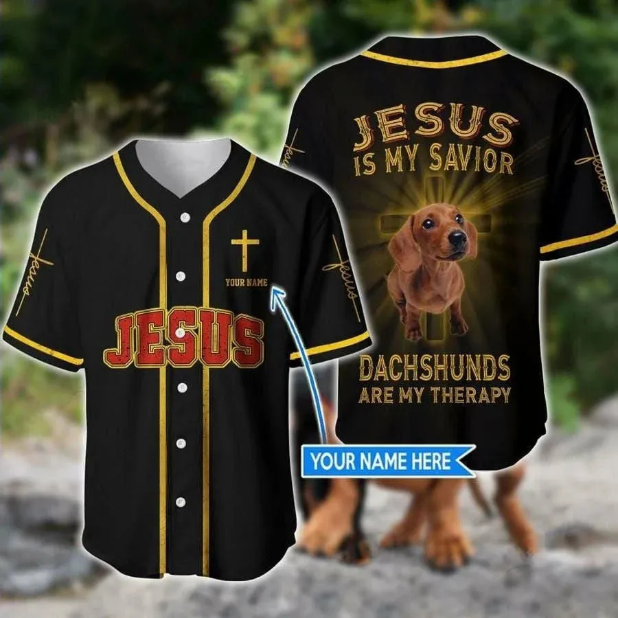 Dachshunds Are My Therapy Custom Baseball Jersey - Personalized Dachshund Jesus Baseball Jersey - Cross Dog Baseball Jersey