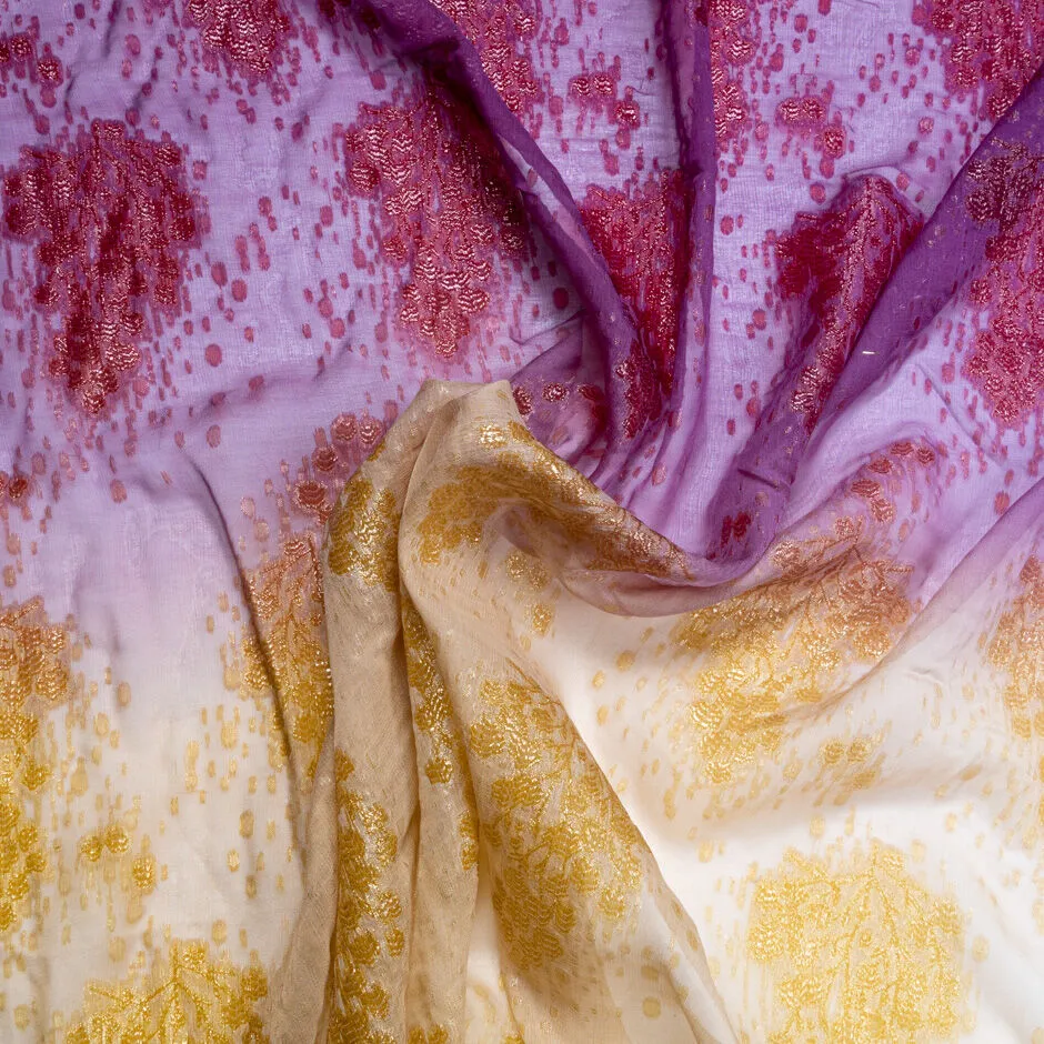 Dark Pink & Yellow Ombré Metallic Jacquard Silk Chiffon