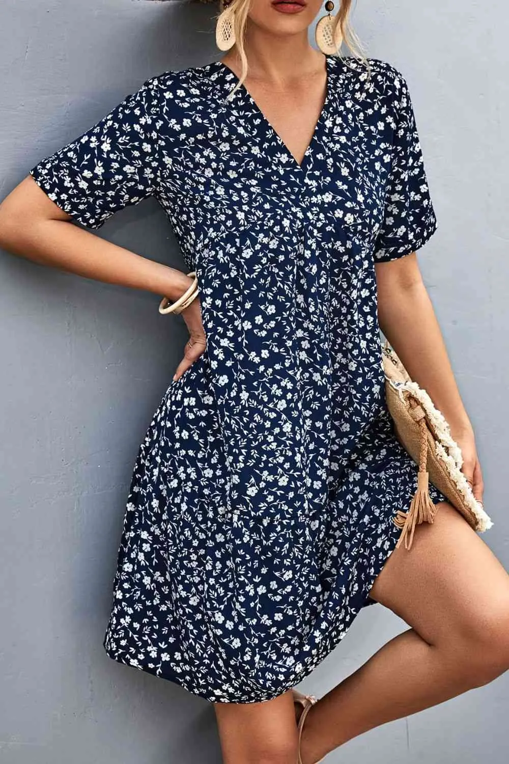 Ditsy Floral Empire Waist Plunge Short Sleeve Dress