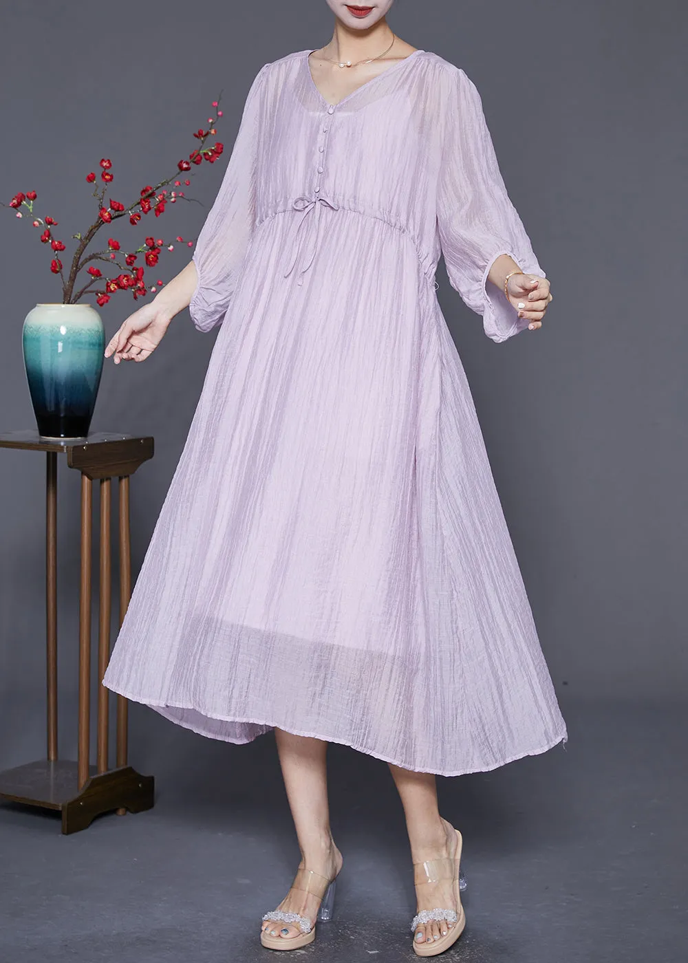 Diy Light Purple V Neck Cinched Silk Cotton Long Dresses Summer LY6814