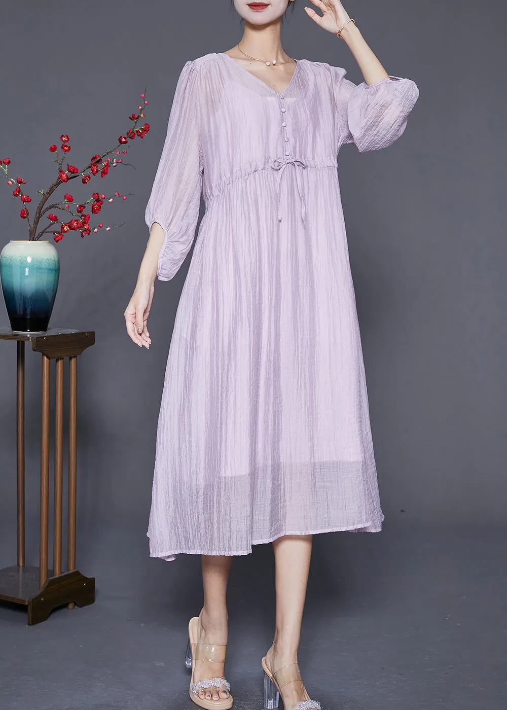 Diy Light Purple V Neck Cinched Silk Cotton Long Dresses Summer LY6814