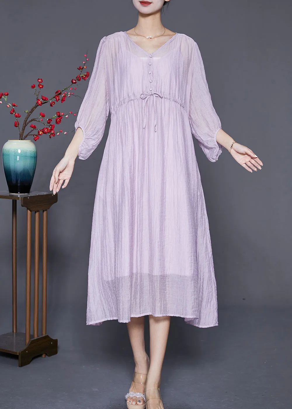 Diy Light Purple V Neck Cinched Silk Cotton Long Dresses Summer LY6814