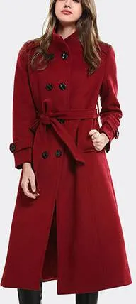 Double-Breasted Belted Wool Coat, Red