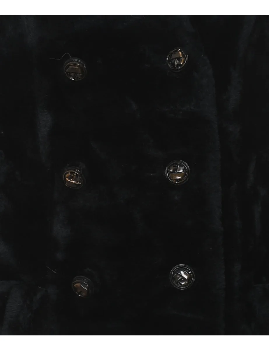 Double Breasted Classic Black Faux Fur Coat - L