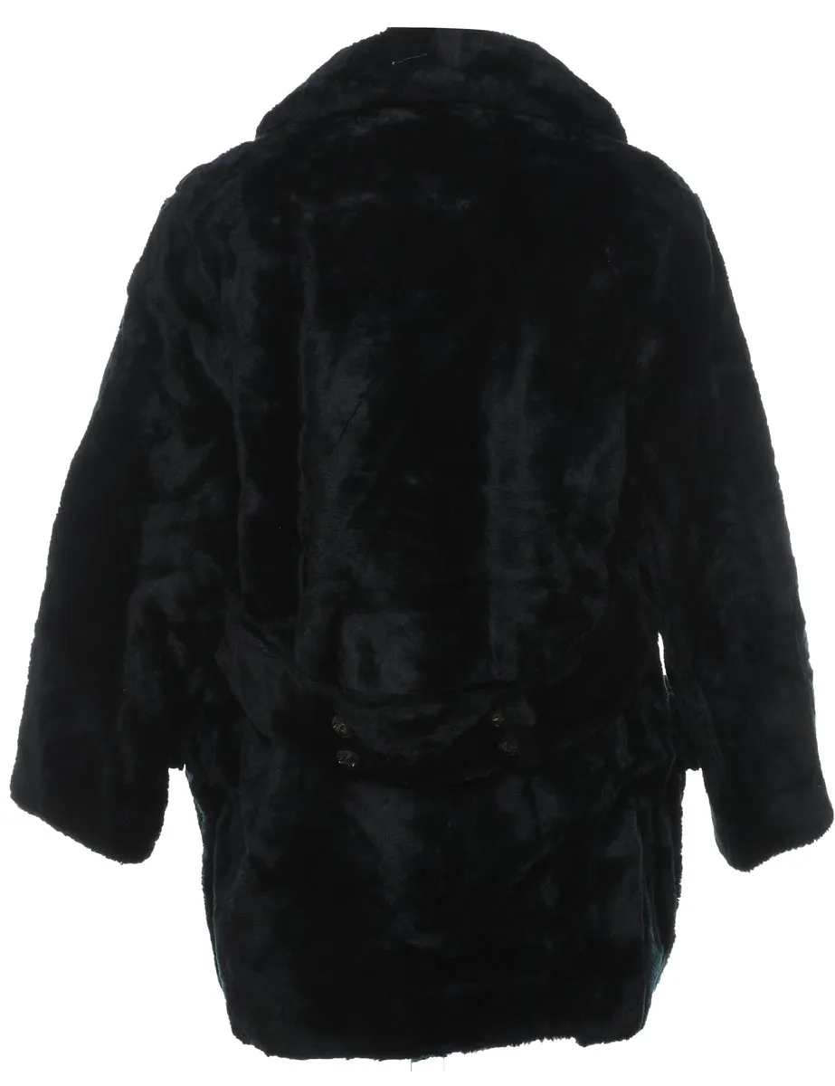 Double Breasted Classic Black Faux Fur Coat - L