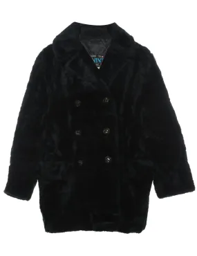 Double Breasted Classic Black Faux Fur Coat - L