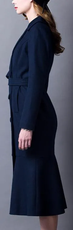 Double-Breasted Wool Coat with Flared Hem in Deep Blue