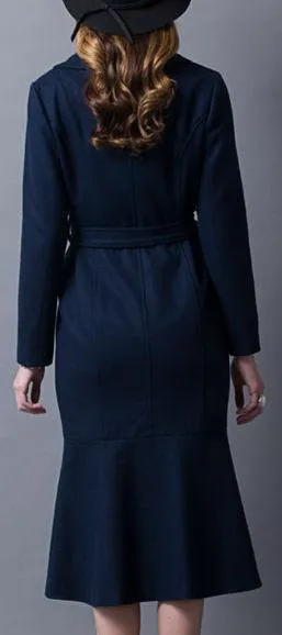 Double-Breasted Wool Coat with Flared Hem in Deep Blue