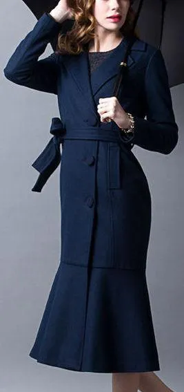 Double-Breasted Wool Coat with Flared Hem in Deep Blue