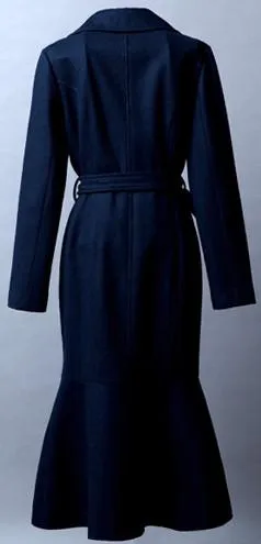 Double-Breasted Wool Coat with Flared Hem in Deep Blue