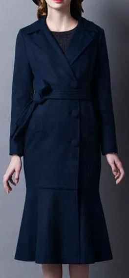 Double-Breasted Wool Coat with Flared Hem in Deep Blue