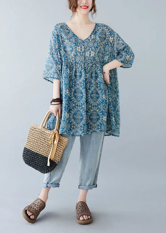 Elegant Blue Oversized Print Linen Mini Dresses Summer LY7350