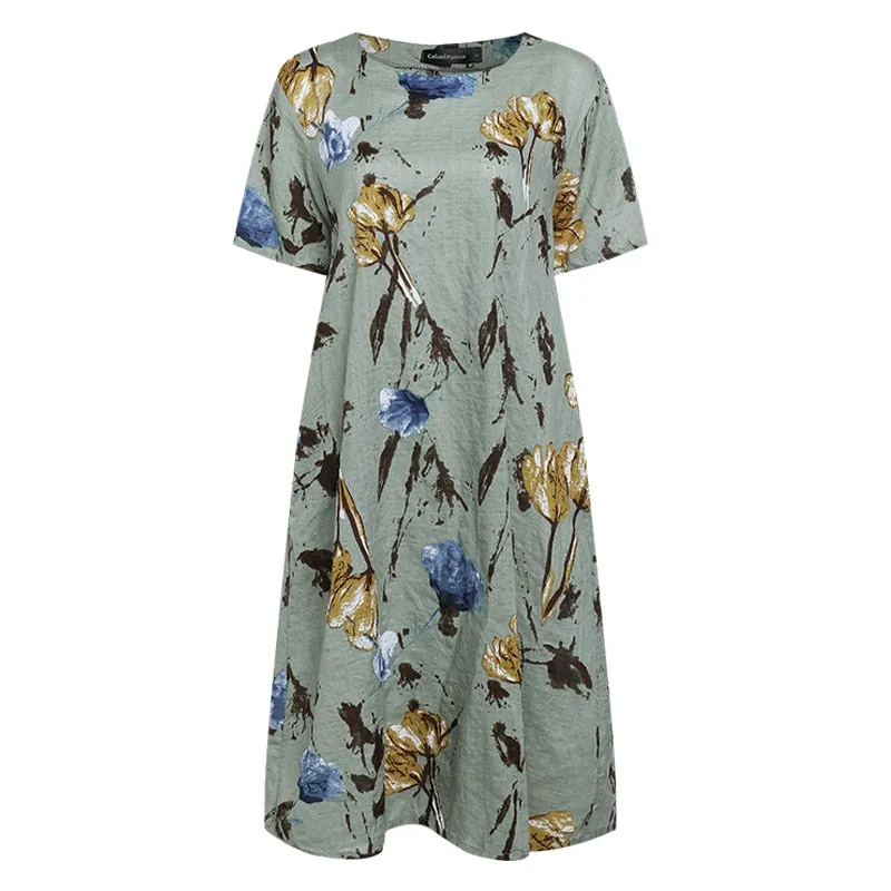 Elegant Floral Print Short Sleeve Midi Dresses