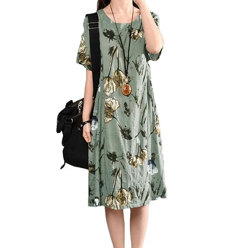 Elegant Floral Print Short Sleeve Midi Dresses