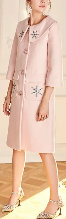 Embroidered Pink Wool Coat