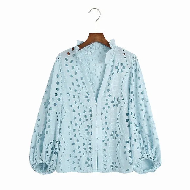 Embroidery Women Blouse Summer 2022 New Fashion Long Sleeve Female Smock Shirt Clothing