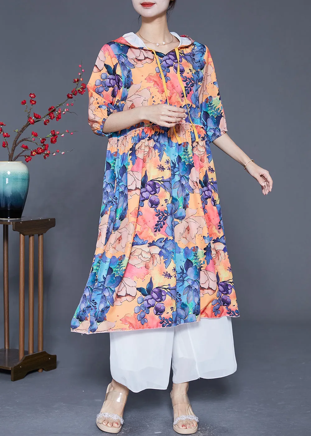 Fashion Hooded Print Chiffon Long Dresses Summer LY5528