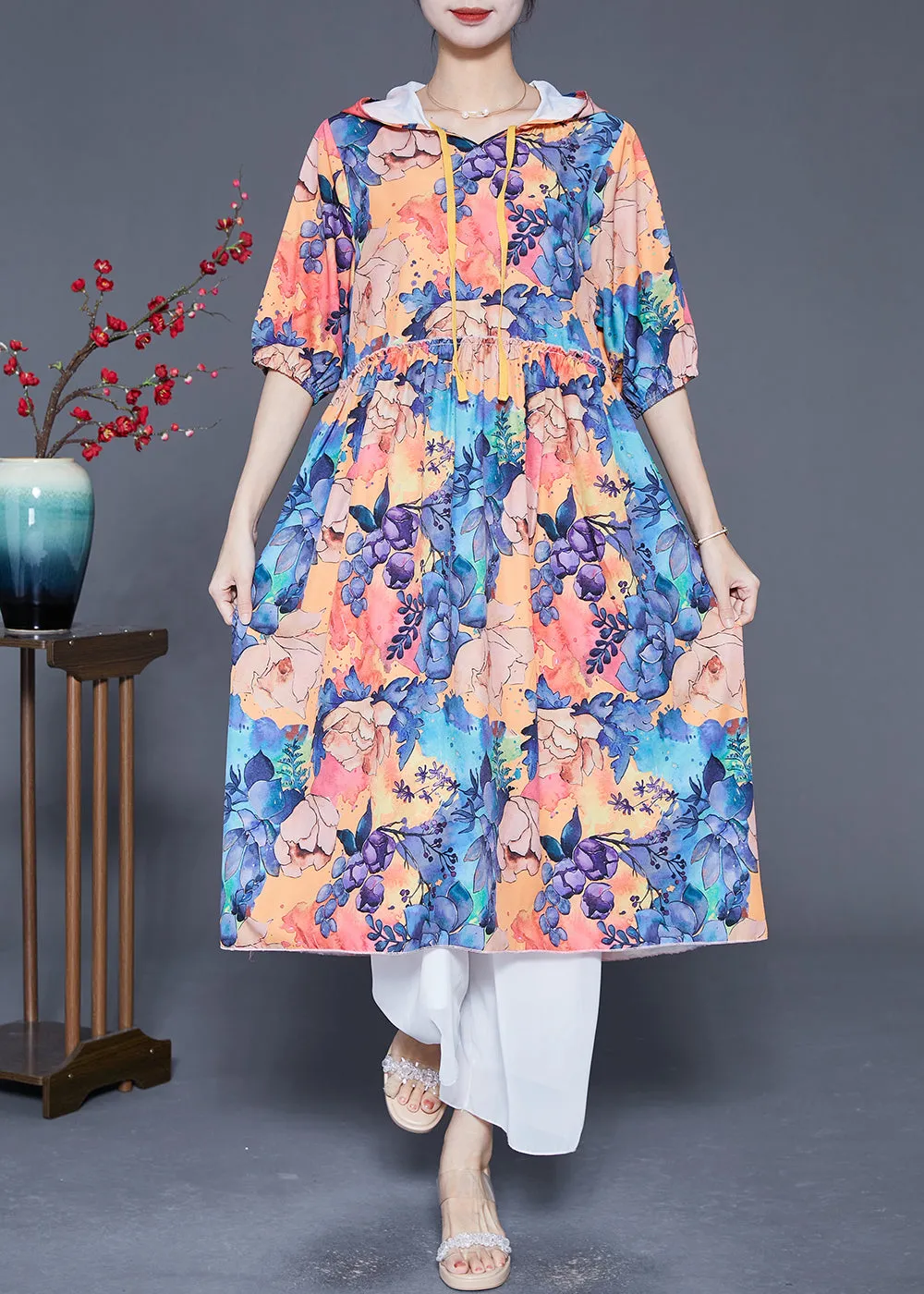 Fashion Hooded Print Chiffon Long Dresses Summer LY5528