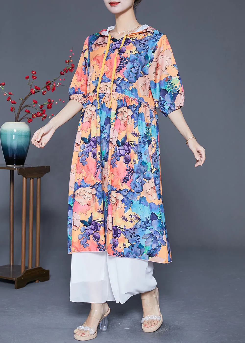 Fashion Hooded Print Chiffon Long Dresses Summer LY5528