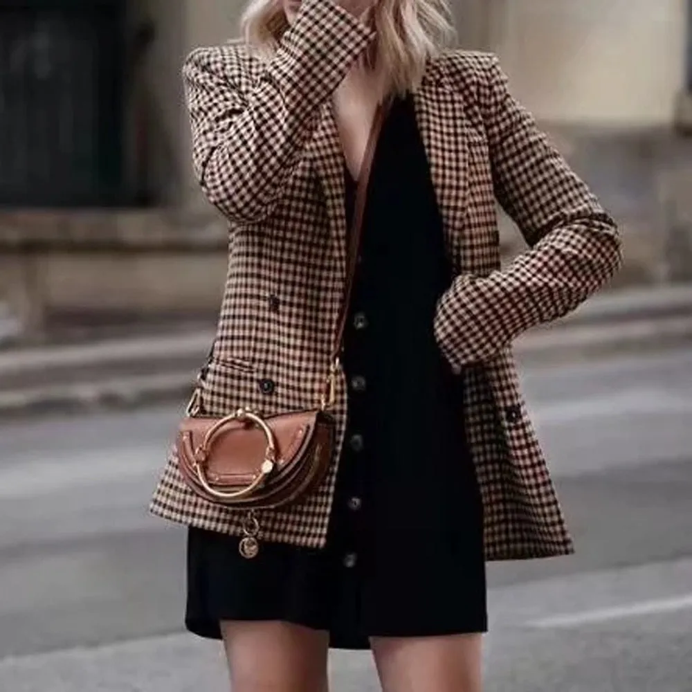 Fashion Plaid Women Button Lattice Suit Coats