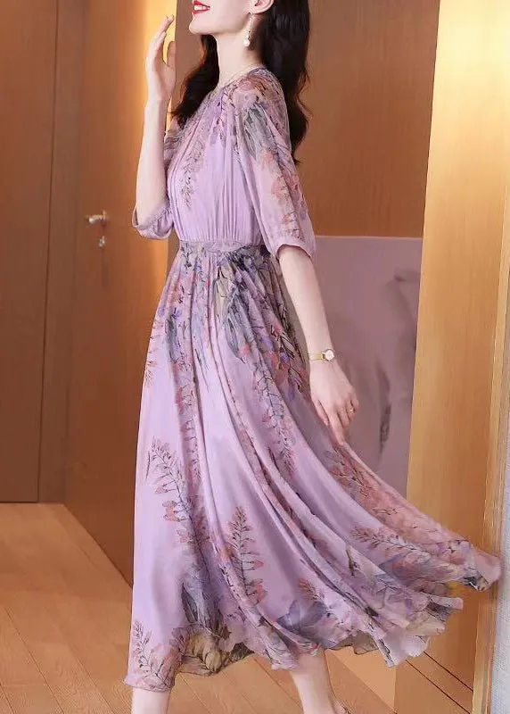 Fashion Purple O-Neck Print Chiffon Maxi Dresses Summer LY0513