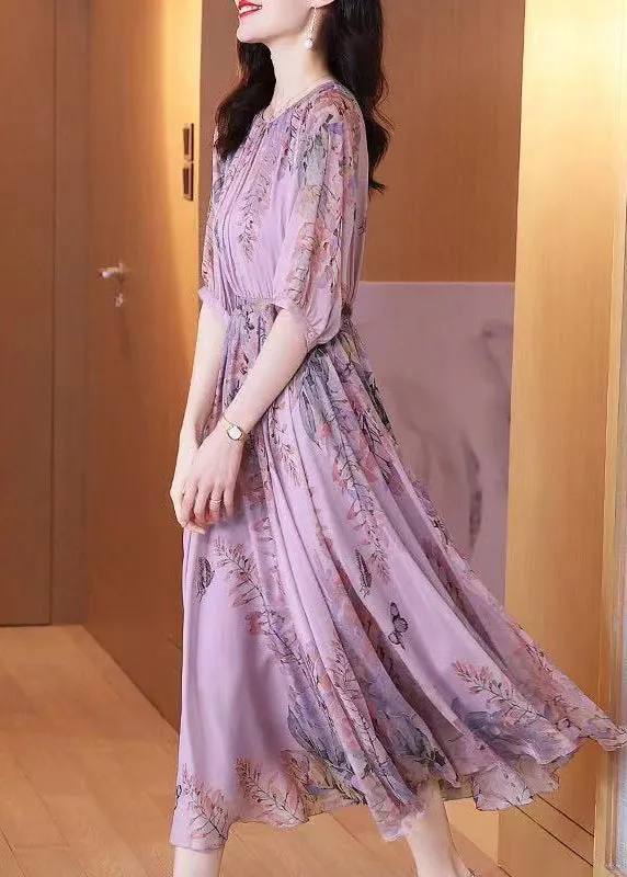 Fashion Purple O-Neck Print Chiffon Maxi Dresses Summer LY0513