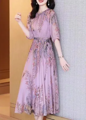 Fashion Purple O-Neck Print Chiffon Maxi Dresses Summer LY0513