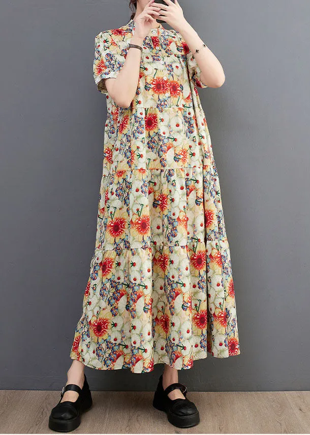 Fine Floral Print Stand Collar Exra Large Hem Cotton Shirt Dresses Summer LY1542