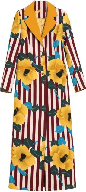 Floral & Stripe Printed Long Waffle-Textured Coat