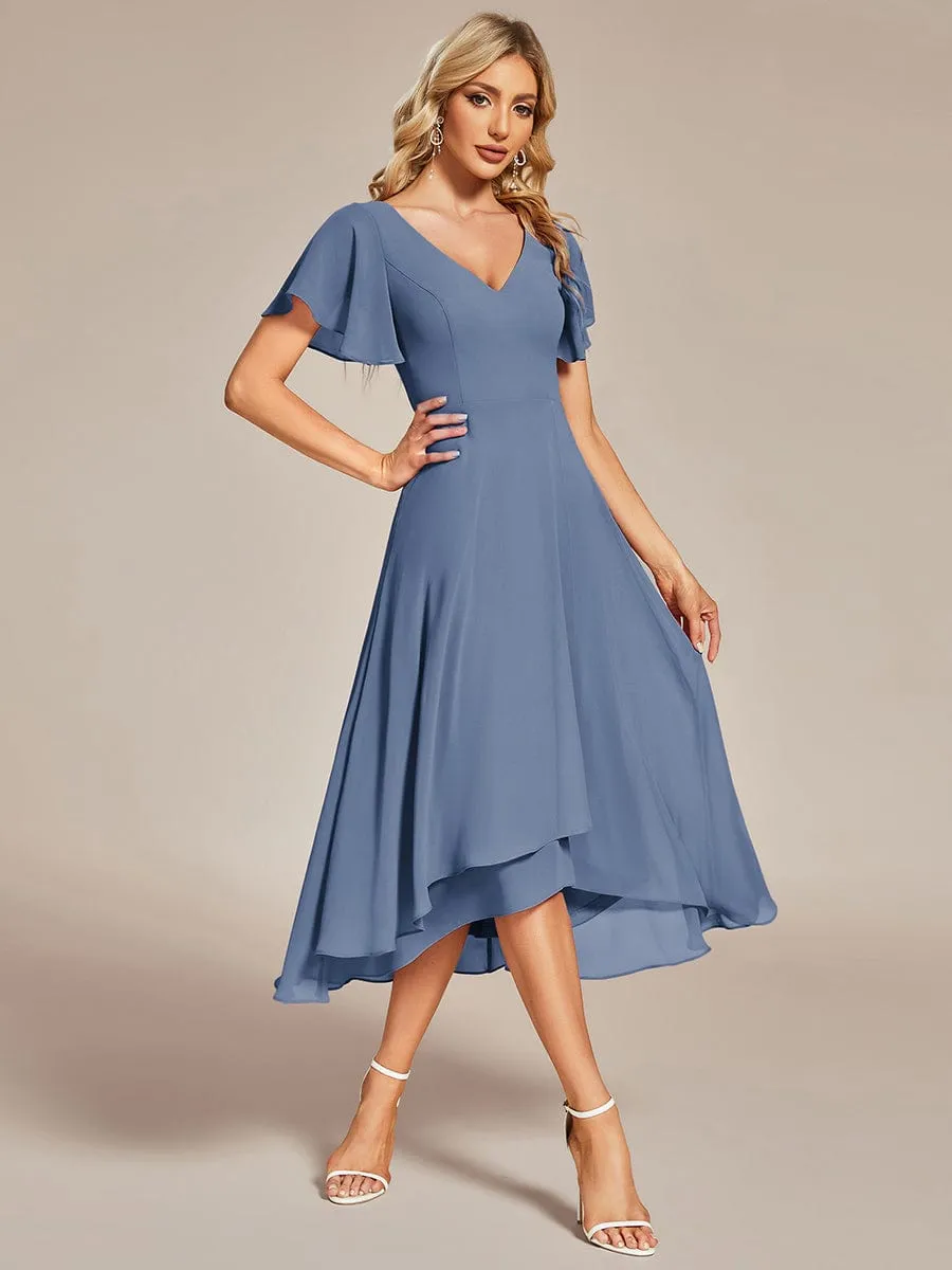 Flowing Chiffon V-Neck Ruffle Sleeves Bridesmaid Dress