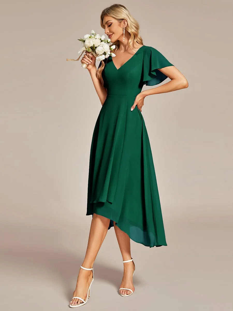 Flowing Chiffon V-Neck Ruffle Sleeves Bridesmaid Dress