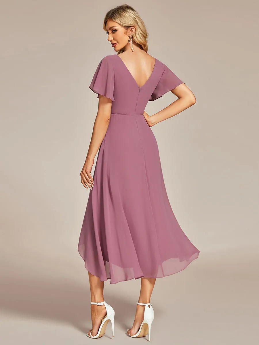 Flowing Chiffon V-Neck Ruffle Sleeves Bridesmaid Dress