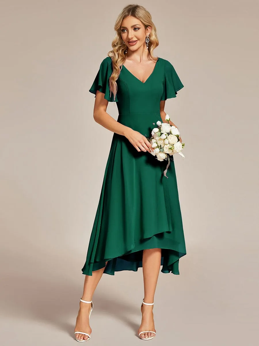 Flowing Chiffon V-Neck Ruffle Sleeves Bridesmaid Dress