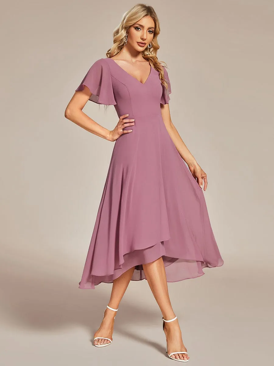 Flowing Chiffon V-Neck Ruffle Sleeves Bridesmaid Dress