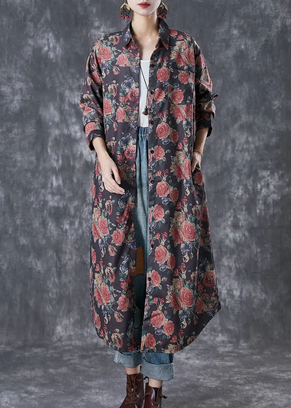 French Black Oversized Rose Print Cotton Shirt Dresses Fall ML2963