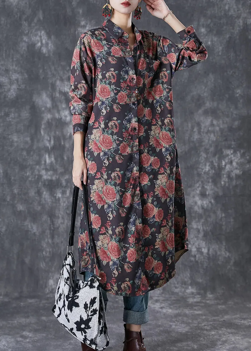 French Black Oversized Rose Print Cotton Shirt Dresses Fall ML2963