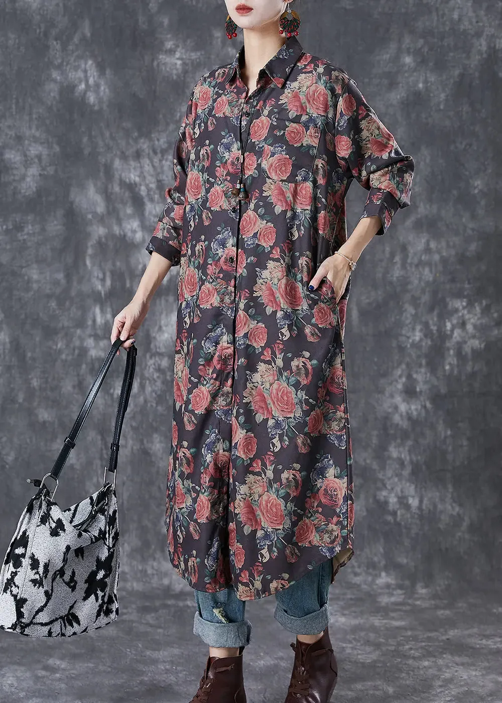 French Black Oversized Rose Print Cotton Shirt Dresses Fall ML2963