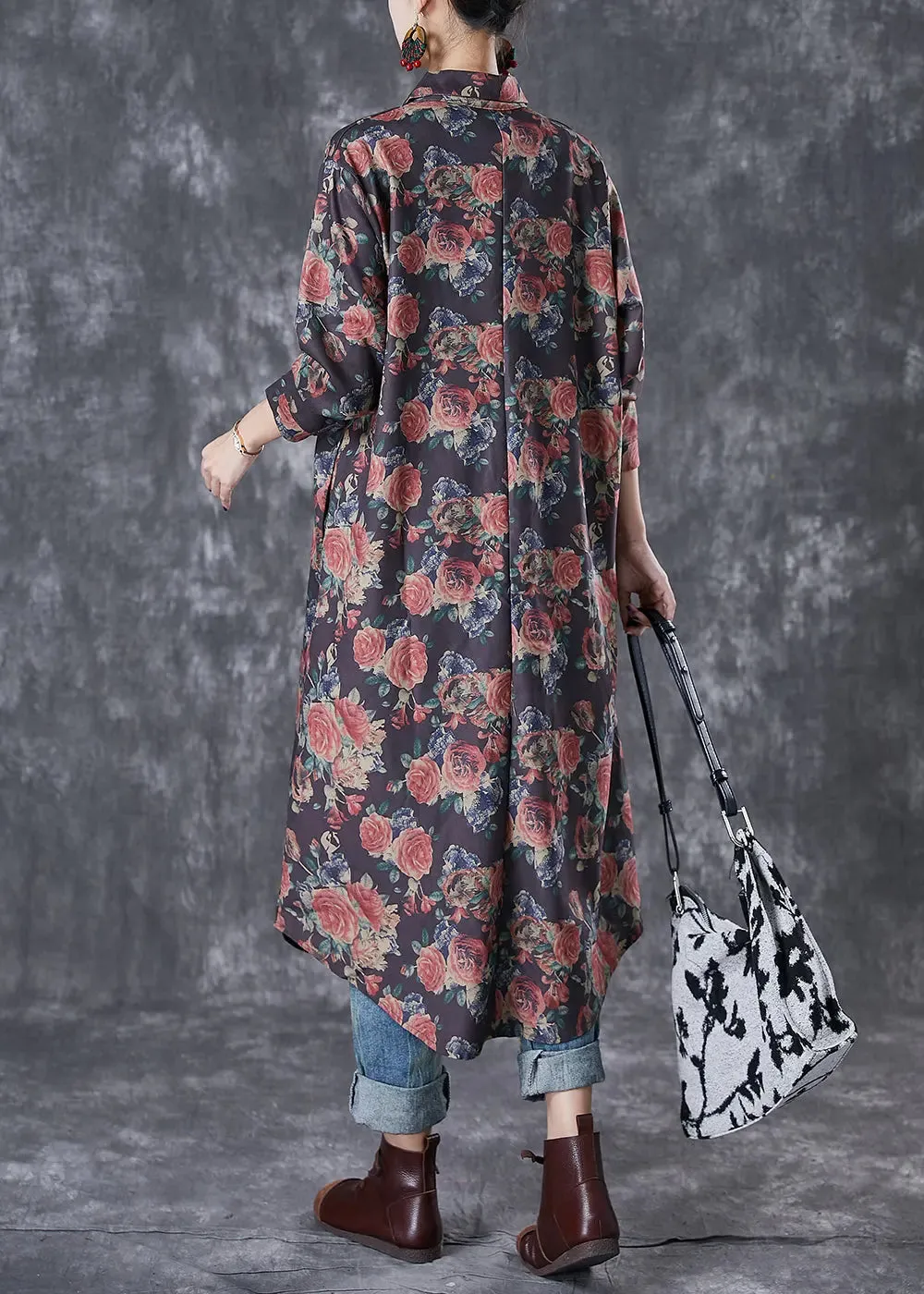 French Black Oversized Rose Print Cotton Shirt Dresses Fall ML2963