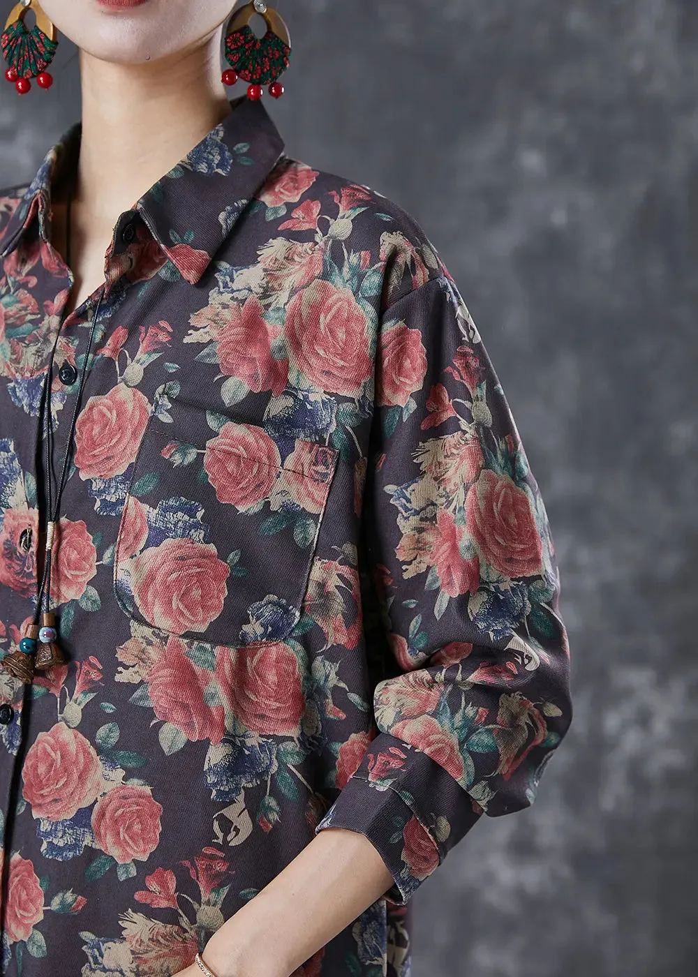 French Black Oversized Rose Print Cotton Shirt Dresses Fall ML2963