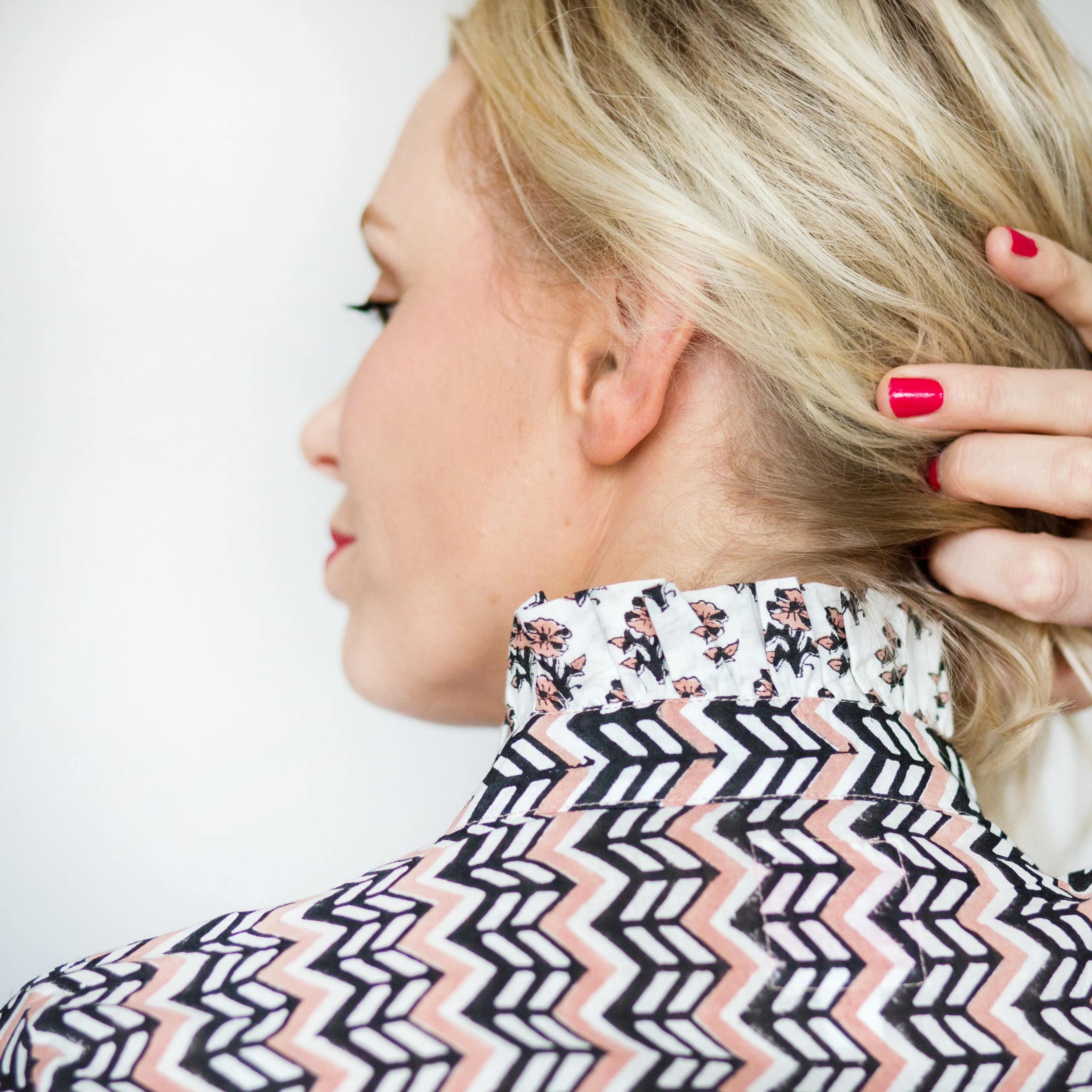 Frill Collar Blouse - Pale Pink & Black Zig Zig Print