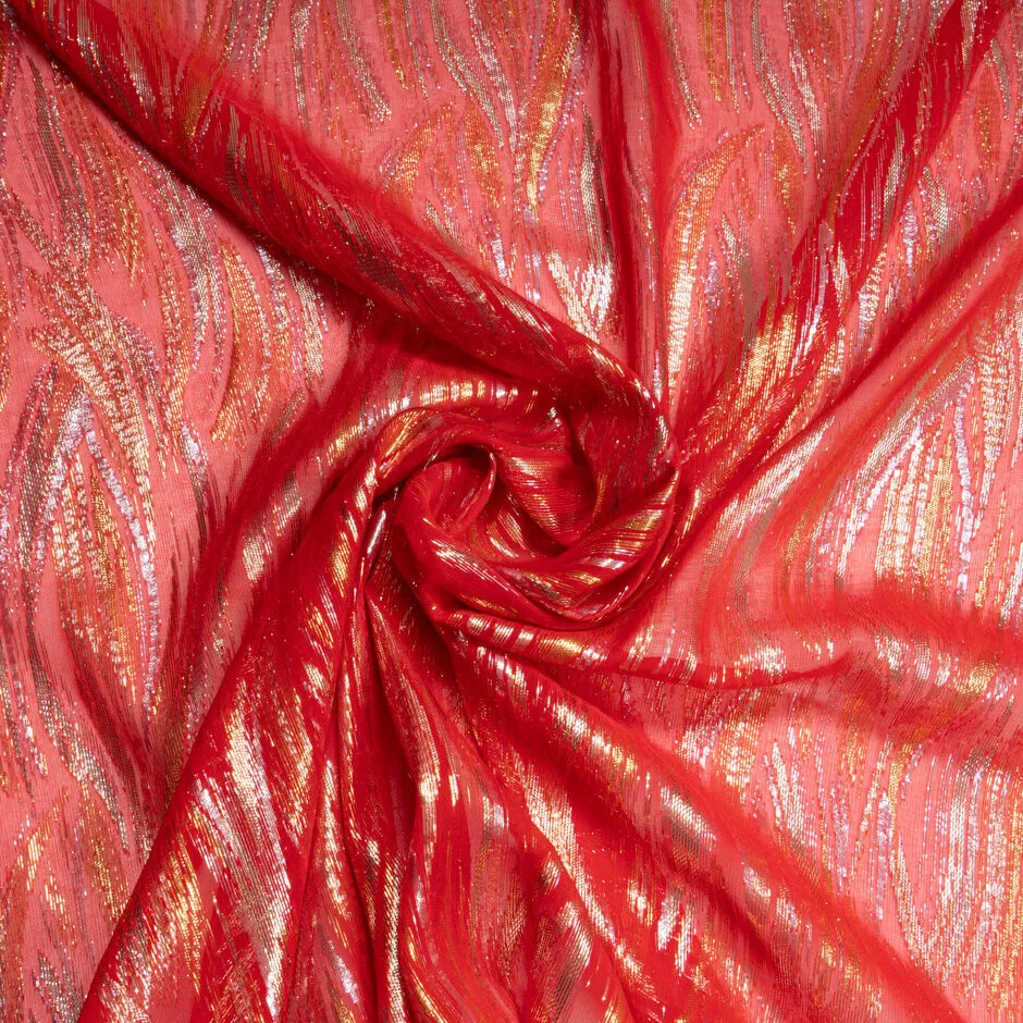 Gold & Silver Metallic Red Silk Chiffon Lamé