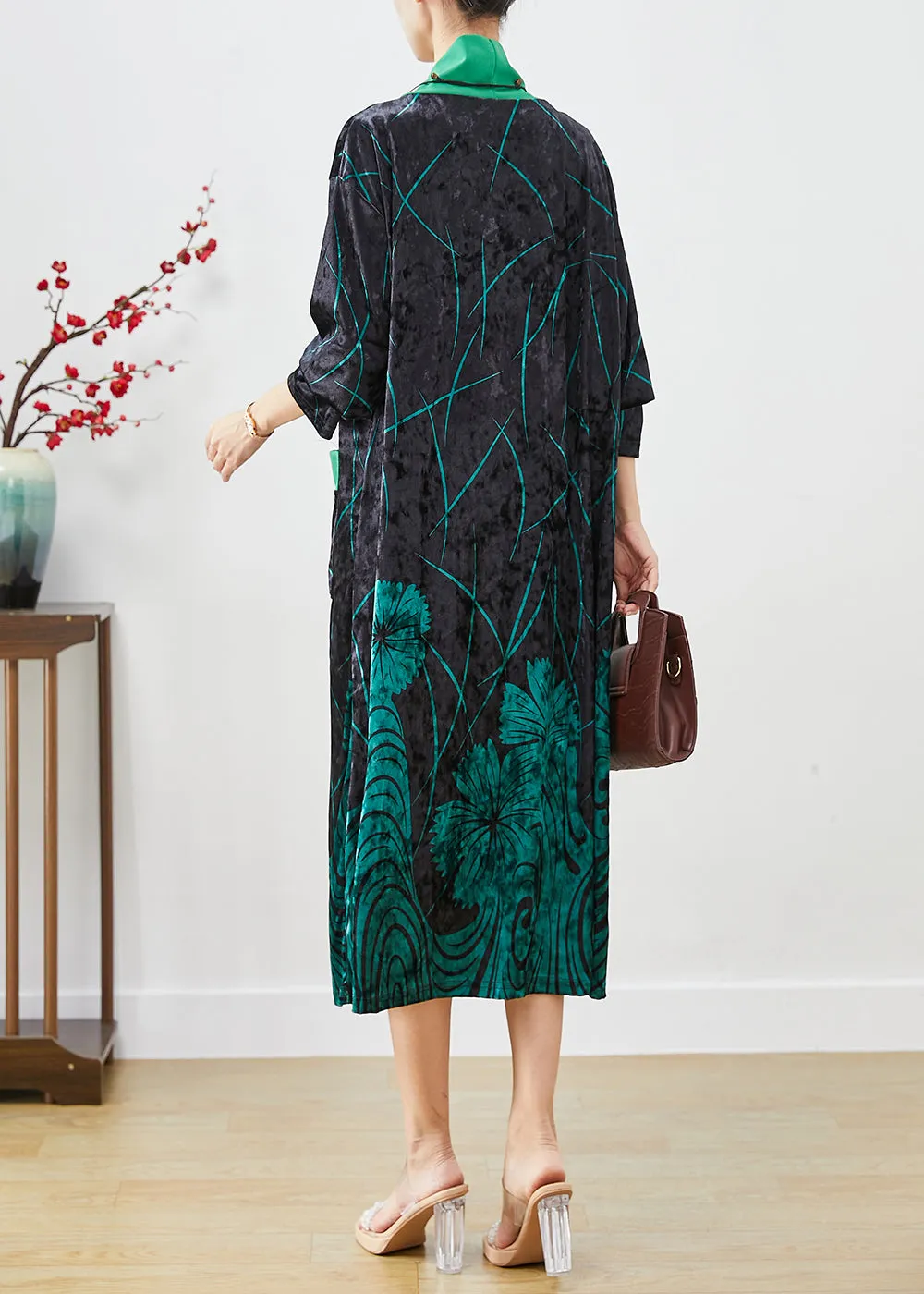 Green Print Silk Velour Maxi Dresses Turtle Neck Half Sleeve LY9834